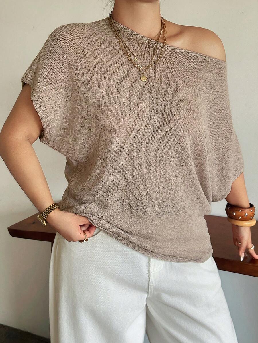 Dazy Plus Plus Size Solid Color Loose Cold Shoulder Short Sleeve Casual Vacation Spring/Autumn Lightweight Knit Top - Khaki - View 1