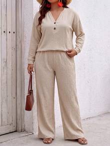 SHEIN LUNE Women's Autumn/Winter New Hot-Selling Textured Fabric Casual Versatile Plus Size 2 Pieces Set - Khaki - View 4