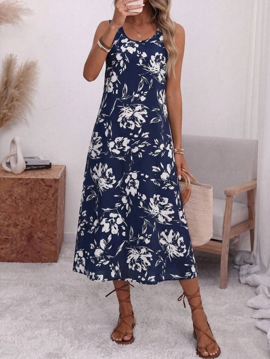 EMERY ROSE Women's Summer Plant Print Round Neck Sleeveless Dress - Navy Blue - View 1
