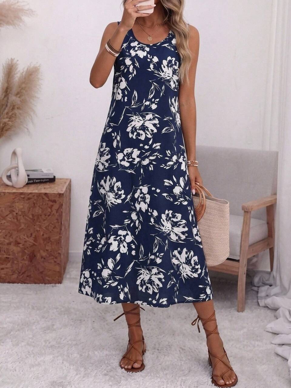 Women's Summer Plant Print Round Neck Sleeveless Dress