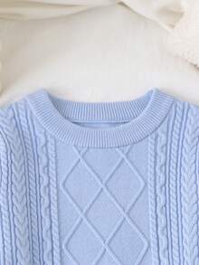 SHEIN Fashionable Cute Cable Knit Sweater Dress For Young GirlVersatile Outer Knit - Blue - View 3
