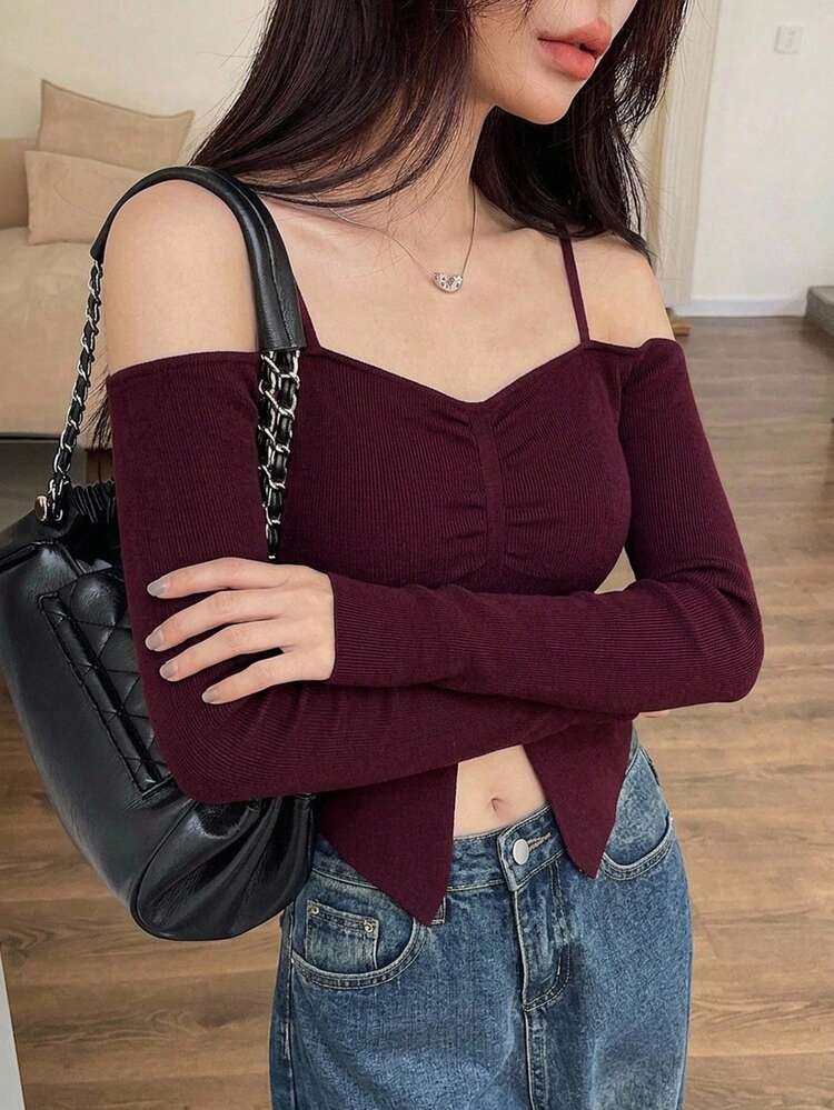 DAZY Women's Fitted Ruched Slit Long Sleeve Sexy Off-Shoulder Sweater - Burgundy - View 1