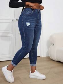 SHEIN ICON 大尺碼牛仔長褲 休閒修身彈性破洞藍色 - 深色水洗藍 - 查看 2