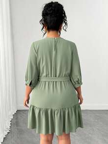 Elenzga Plus Size Women Solid Color Pleated Casual Elegant Everyday Autumn Dress Formal Brunch Sage Green - Army Green - View 2