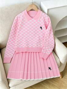 SHEIN 女童針織套裝，粉色可愛刺繡兔子格紋毛衣 + 針織迷你裙 2 件套，青少年女款長袖 V 領套頭衫，休閒優雅風，秋冬款 - 粉色 - 查看 1