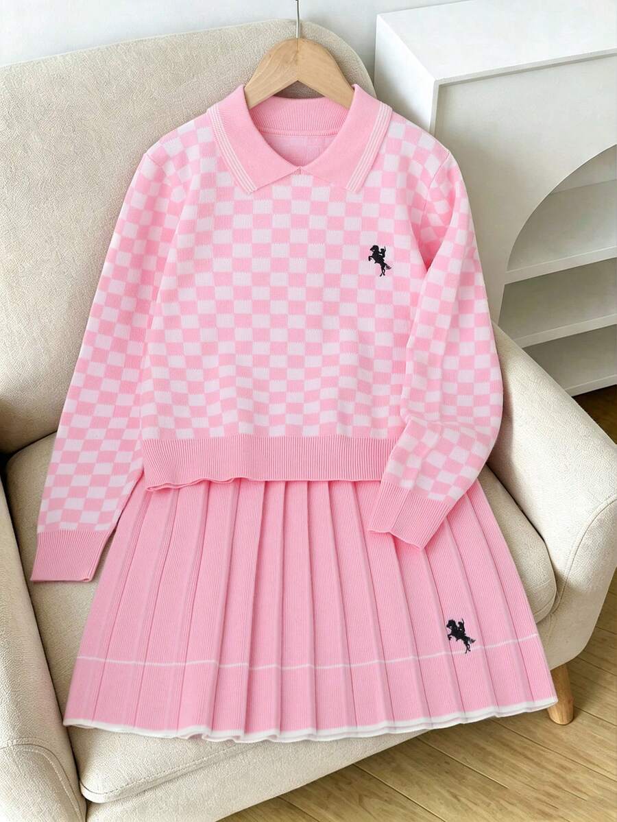 SHEIN 女童針織套裝,粉色可愛刺繡兔子格紋毛衣 + 針織迷你裙 2 件套,青少年女款長袖 V 領套頭衫,休閒優雅風,秋冬款 - 粉色 - 查看 1