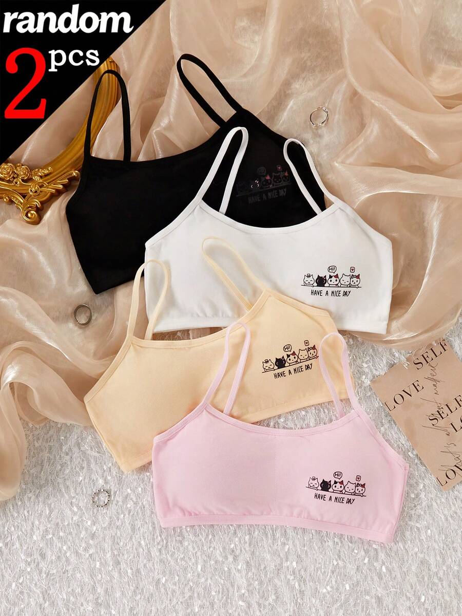 [2pcs Randomly Sent]Tween Girl Cartoon Pattern Letter Print Bra, Cute ...