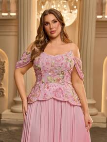 Glamrae Plus Size Elegant Pink Glossy Mesh Asymmetrical Sleeve Cinched Waist Ruched Sheer A-Line Skirt Suitable For Date Single Party Wedding Event - Burgundy - View 3