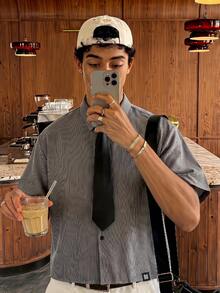 SWAVVY 男士極簡百搭單排扣短袖襯衫，適合日常穿著 - 深灰色 - 查看 8
