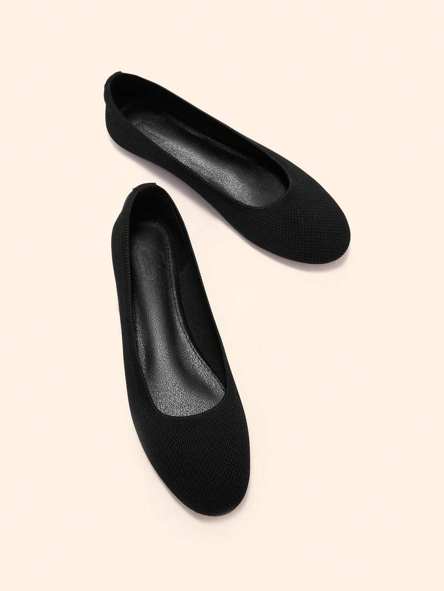 CUCCOO BASICS Women Black Knit Round Toe Flats Comfortable Slip On Ballet Shoes Fall Shoes - Black - View 1