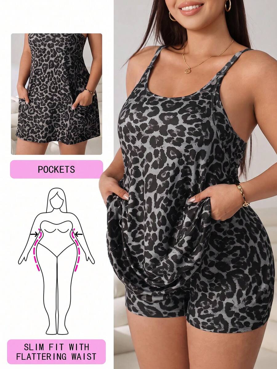 Solflare Gaun Camisole Kasual Motif Leopard Dua Saku untuk Wanita Ukuran Besar - Dark Grey - View 1