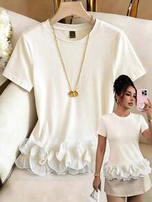 SHEIN Women's Elegant  White Short Sleeve Tee, Casual Crew Neck Top With Delicate Ruffle Hem, Versatile For Summer Outfits, Vacation And Daily Casual Wear - Apricot - View 6