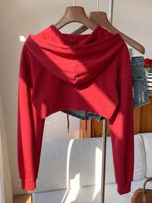 SHEIN EZwear 抽繩設計超短版女款運動衫上衣，黑白配色，秋冬紅色長袖 - 紅色 - 查看 2