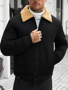 Manfinity CasualCool Men's Solid Color Long Sleeve Jacket, Suitable For Autumn/Winter Wear, Black - Black - View 4