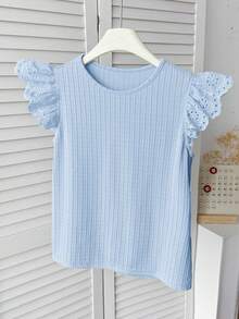 SHEIN 青少年女孩夏季休閒鏤空刺繡拼接襯衫 - 藍色 - 查看 3