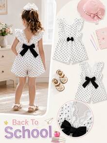 SHEIN Elladie kids 女童 2026 夏季新款黑色波點荷葉邊短袖 V 領收腰後蝴蝶結露背 A 字連身短褲，田園風時尚短版連身褲 - 黑與白 - 查看 2