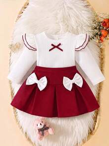 SHEIN Playful Pals Conjunto de niña bebé unisex para bebé y niño pequeño de 0 a 3 años, estilo elegante para primavera/otoño, top de cuello redondo con detalle de lazo y falda roja, ajuste casual adecuado para salidas, ocio y fiestas - Rojo - Ver 3