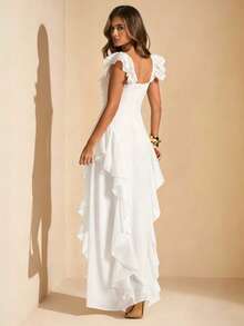 SHEIN BAE Spring/Summer Solid White V-Neck Ruffle Short Sleeve Fitted Extra Long Elegant Romantic Chiffon Dress Wedding Formal Office Official Guest Outfit - White - View 2