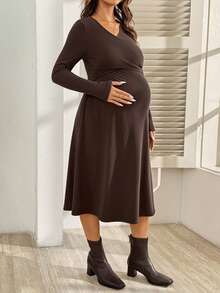 SHEIN Maternity Solid Color V-Neck Short Sleeve Nursing Dress - Brown - View 6