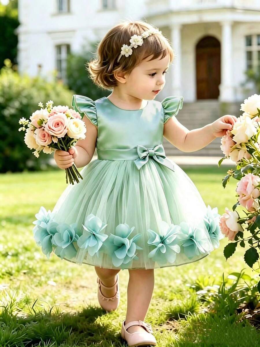 SHEIN Glamorique Kids 女嬰婚禮花童生日禮服 鼠尾草綠緞面荷葉袖洋裝 蝴蝶結腰部 花卉下擺 蓬蓬紗公主裙 秋季 爸爸的小女孩 優雅可愛 - 綠色 - 查看 1