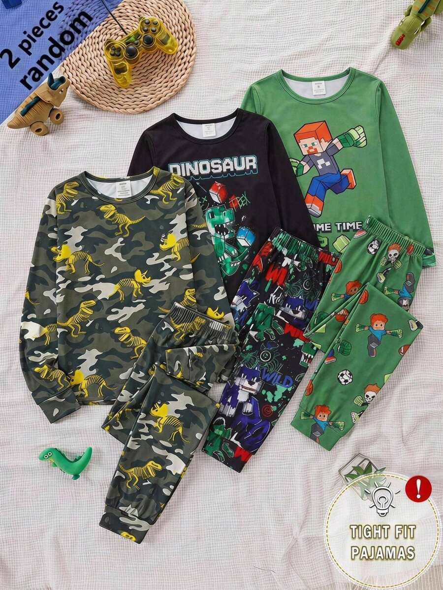 SHEIN 青少年男孩修身版迷彩圖案圓領長袖上衣與長褲休閒舒適居家睡衣套裝 2件組 - 彩色 - 查看 1