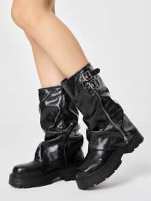 ROMWE Ladies Black Diablo Rock Punk Goth Boots Over The Knee Boots, Fashion Lace-Up Platform Heel Women's Boots, Spring Shoes, Spring Break, Easter, Christm - Belt buckle boots black - View 5