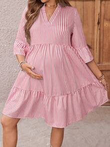 GentleRue Maternity Women's Stand Collar Striped Shirt Dress With Three-Quarter Sleeves For Maternity Fall - Pink - View 3