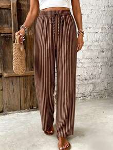 SHEIN Frenchy Women's Striped Print Knotted High Waist Casual Pants - Brown - View 4
