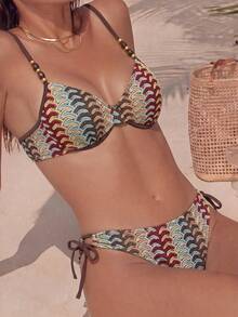 Swim Chiccia Spring/Summer Best-Selling Beach Vacation Casual Textured Jacquard Fabric Adjustable Shoulder Strap Cup Top With Decorative Trim Hem Steel Wire Support Back Buckle + Textured Special Fabric Side Tie Bow Triangle Bikini Bottom Summer Outfit Cute Luxury 2-Piece Set - Multicolor - View 1