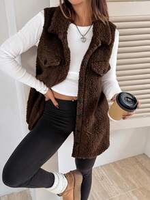 SHEIN EZwear 1件女款純色鈕扣前襟無袖口袋休閒極簡風背心，秋冬日常穿著/旅行度假，棕色 - 棕色 - 查看 1