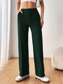 SHEIN EZwear 女款素色直筒西裝長褲 秋冬款 - 墨綠色 - 查看 5