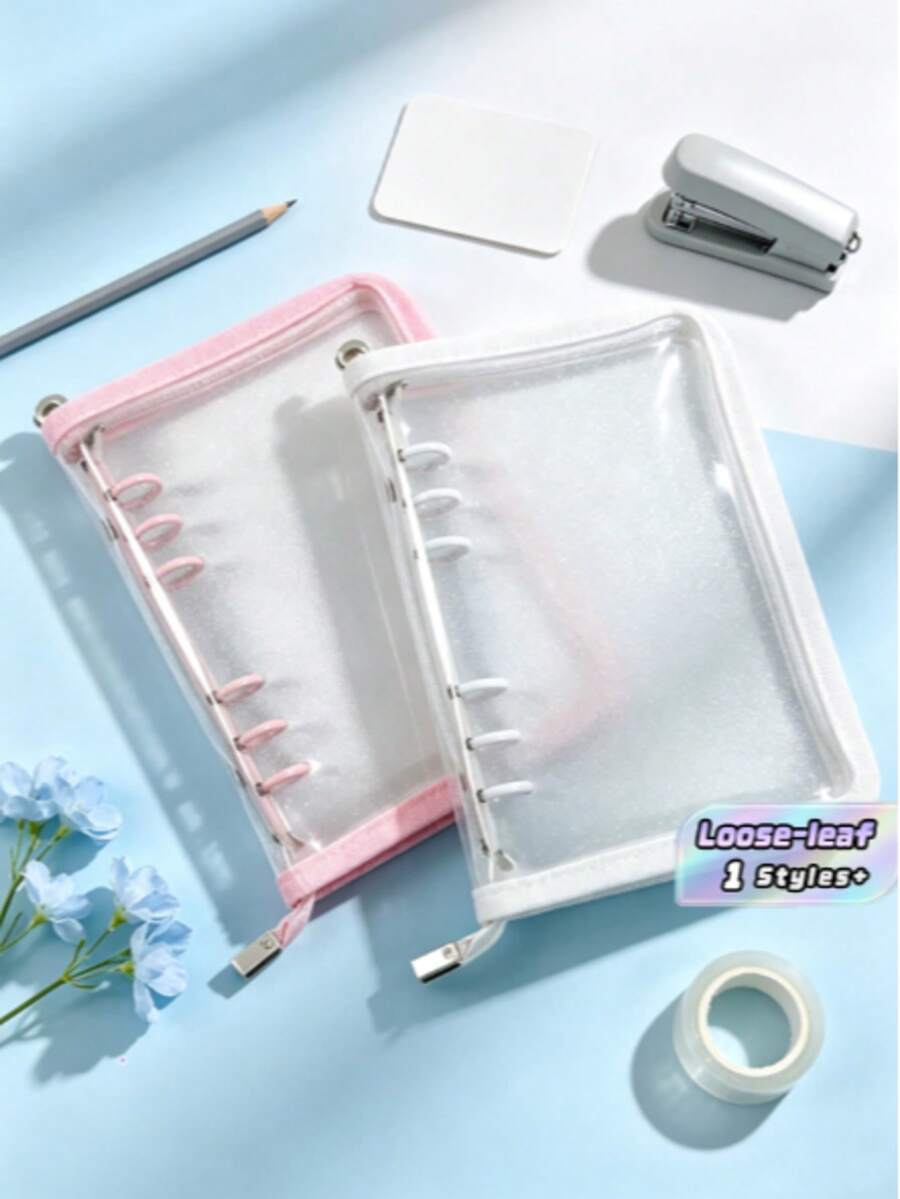 1 A6 Transparent Glitter Zipper Binder Pouch, Stationery Bag Suitable For Students - A6 - View 1