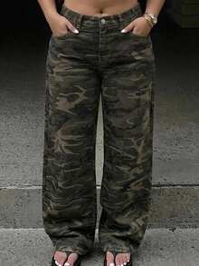 Dazy Plus Street Casual Camouflage Loose Long Pants With Back Letter Rhinestone Design, Long Denim Jeans, All Season Fall - Army Green - View 3