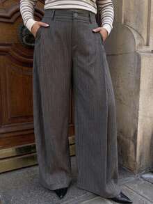 Dazy Plus Plus Size Women's Loose Striped Wide Leg Pants, Business Casual Commuter Style, Spring/Autumn - Grey - View 7