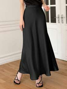 Dazy Tall Women's Elegant Satin Long Skirt Date Office Black Summer - Black - View 3