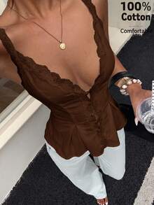 Aloruh 女款優雅休閒通勤上衣 蕾絲飾邊拼接純色無袖襯衫 夏季 - 棕色 - 查看 1