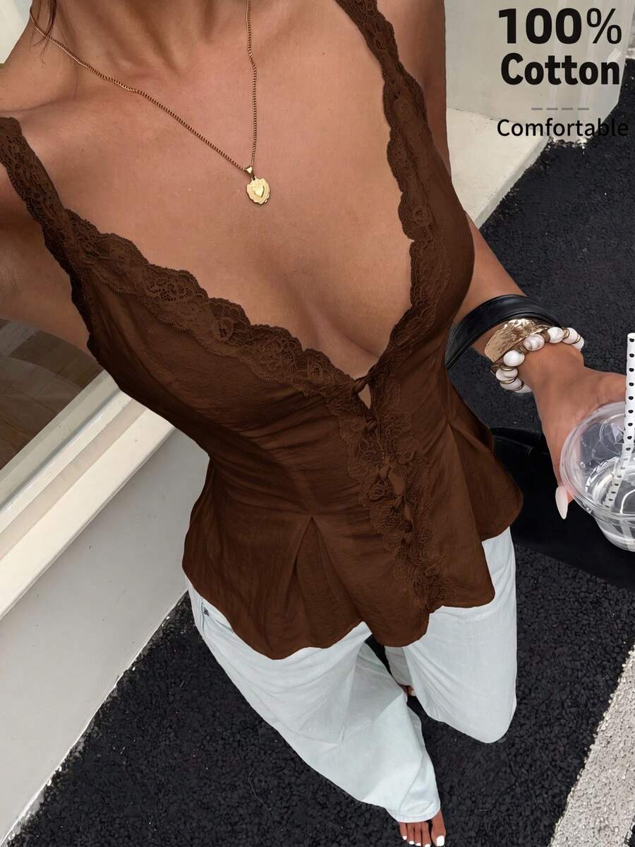 Aloruh 女款優雅休閒通勤上衣 蕾絲飾邊拼接純色無袖襯衫 夏季 - 棕色 - 查看 1