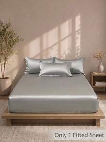Cirelle 1 buah Sprei Fitted Warna Polos dari Sutra Es, Pelindung Kasur Satin dengan Karet Elastis di Seluruh Sisi, Penutup Kasur Lembut dan Bernapas - Abu-abu muda - View 2