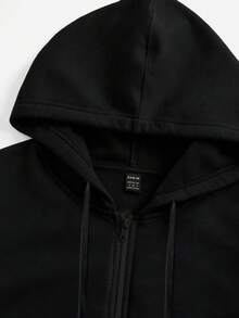 SHEIN EZwear 休閒極簡復古風馬標誌印花寬鬆長袖拉鍊抽繩加厚運動衫，適合女性，適用於秋冬 - 黑色 - 查看 7
