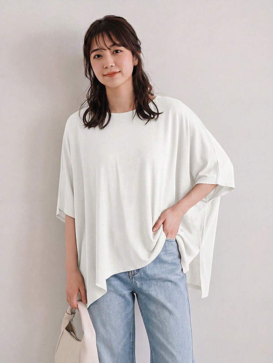 SHEIN LUNE 女款素色休閒百搭日常穿著T恤 - 白色 - 查看 1