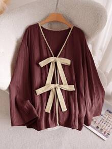 CosyJoli 大尺碼紋理貝殼刺繡蝴蝶結長袖襯衫 正餐生日酒紅秋季可愛90年代風 - 紅木色 - 查看 5