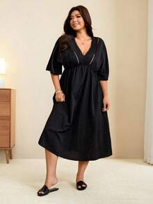 Edennvi Women's Plus Size Solid Color Contrast Lace Batwing Sleeve Elegant Casual Dress, Summer Vacation Formal Black - Black - View 3