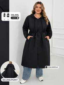 SHEIN CURVE+ Zipper Hooded Cinched Waist Plus Size Long Sleeve Jacket, Autumn Winter Outerwear, 2026 22W Hiking Rodeo Normal - Black - View 4