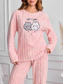 SHEIN Pink Ribbed Fuzzy Plush Cute Cartoon Cloud Embroidery Cozy Winter Homewear Pajama Set - Pink - View 6