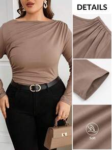 SHEIN Privé Plus Solid Ruched Tee Fall - Mocha Brown - View 6
