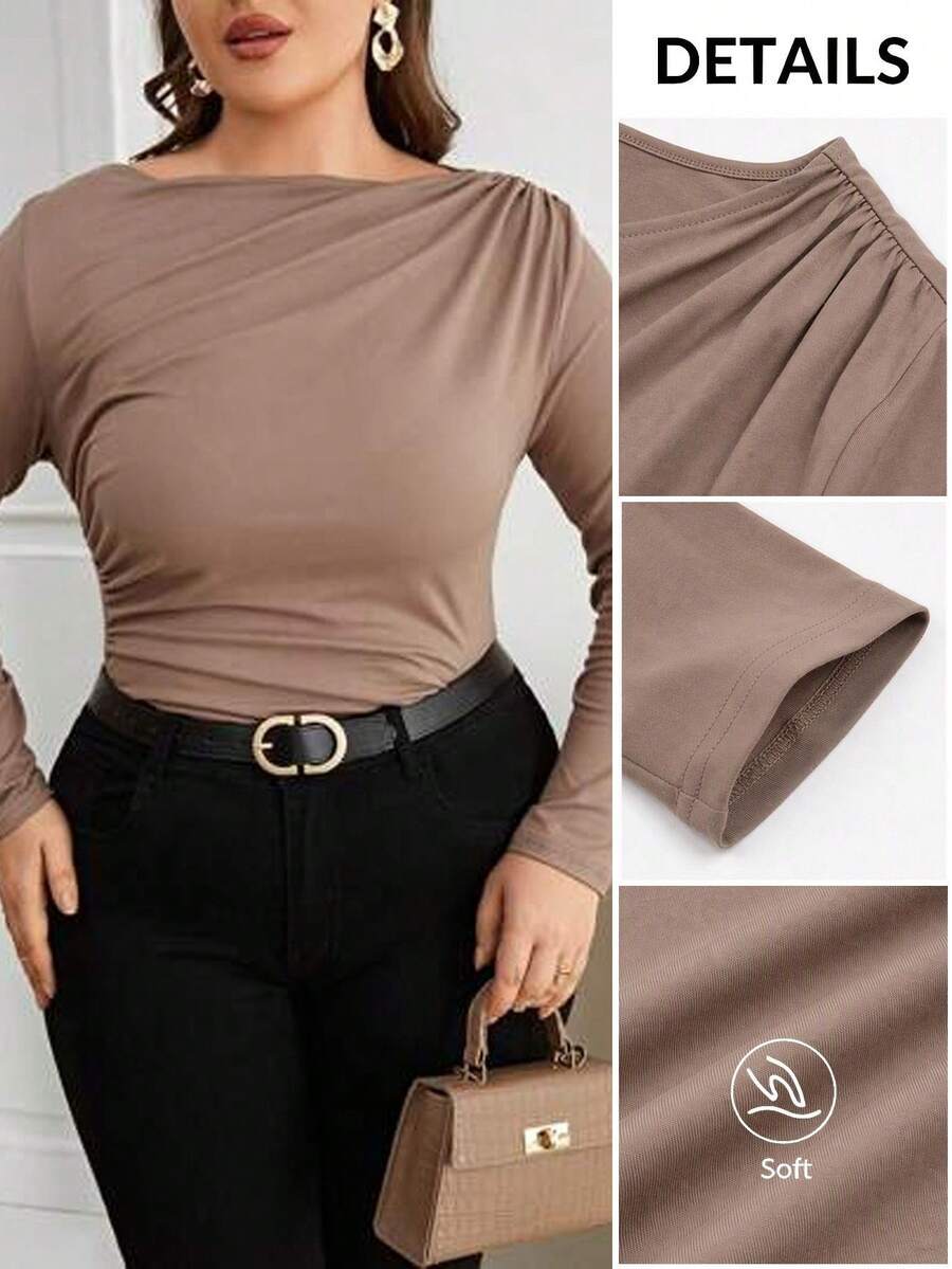 SHEIN Privé Plus T-shirt Unicolore À Ruché - Taupe - Voir 1
