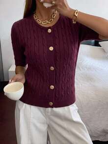 Autumina Women's Spring/Autumn Casual Elegant Young Commute College Ribbed Twisted Rope Knit Short Sleeve Cardigan Office Brunch Burgundy - Burgundy - View 5