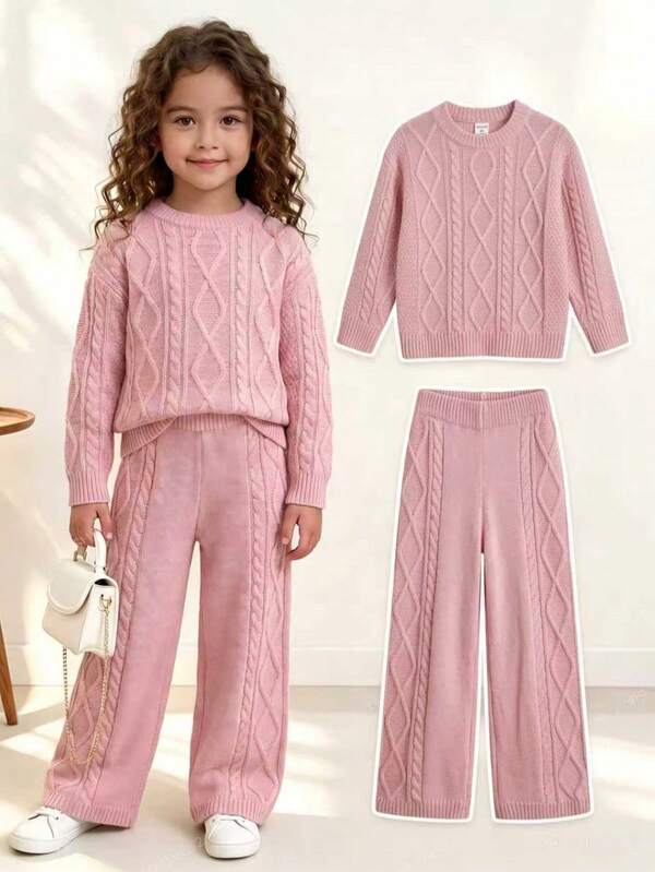 SHEIN Genkimix Kids Young Girl Autumn/Winter Casual Solid Color Sweater & Knitted Pants Set
