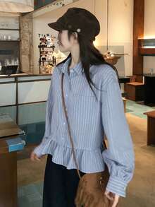 DAZY Women's Korean Style Versatile Button-Up Ruffle Hem Blouse - Blue - View 3