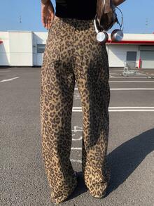 Dazy Tall Women's Leopard Print Loose Straight Leg Street Casual Denim Jeans Fall - Brown - View 3